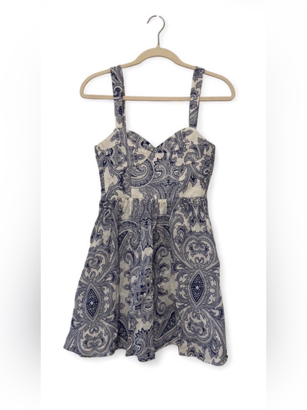 Zara Linen White and Blue Paisley Mini Dress
